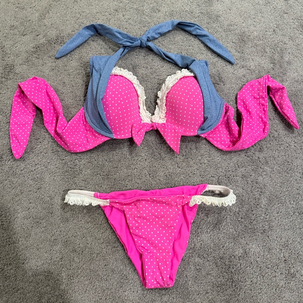 Beach Bunny Pink and Blue Polka Dot Bikini